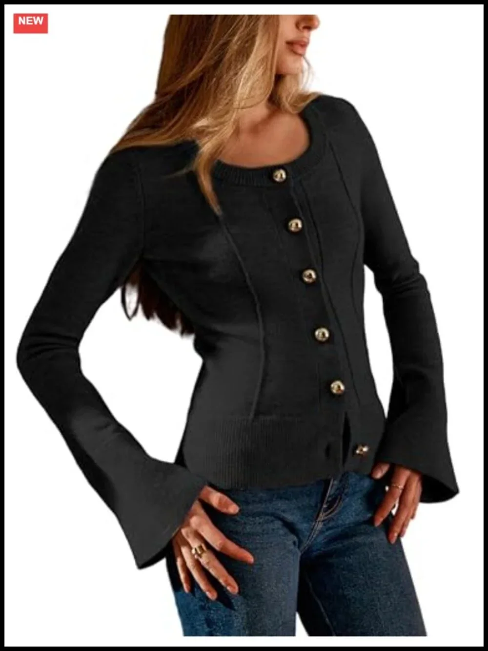 Lightweight Knit Cardigan with Bell Sleeves and Gold Buttons